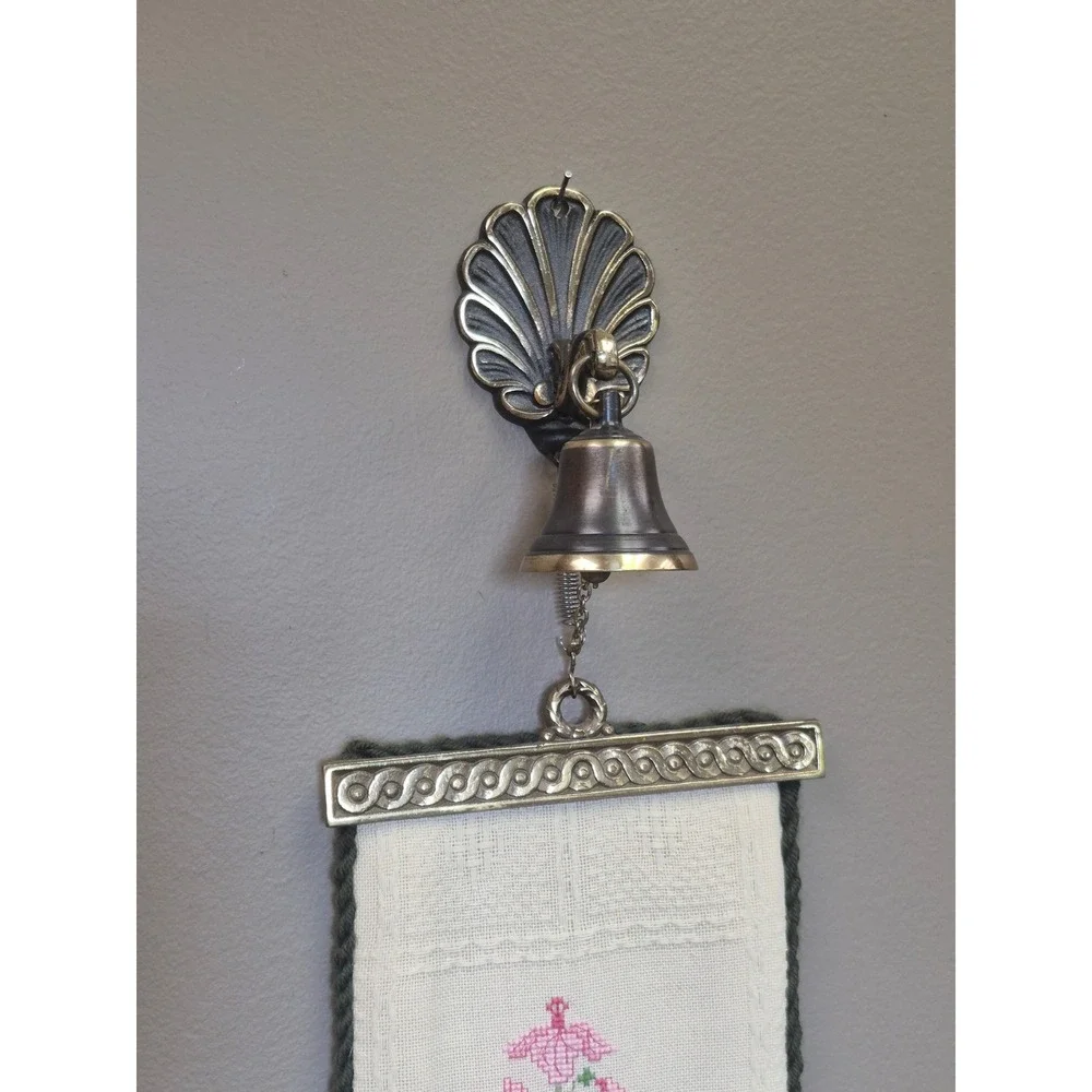 Vintage 5 Ft Floral Cross Stitch Bell Pull Brass Bell Tapestry Wall Hanging 60in